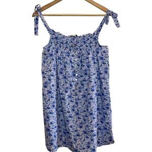 Eileen West Blue Pink Floral Tie Strap Smocked Button Small Cotton Sleep Top